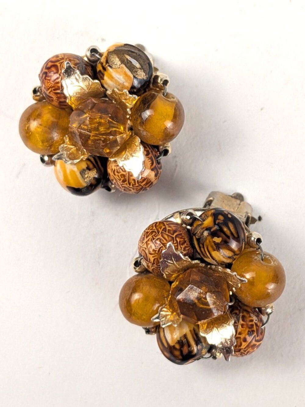 Vintage Orange + Silver Leaf Beaded Clip-on Earrings